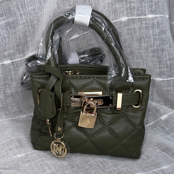 Badgley Mischka Mini Diamond Quilted Tote w/Front Lock Stone Olive Green & Gold - Picture 1 of 16
